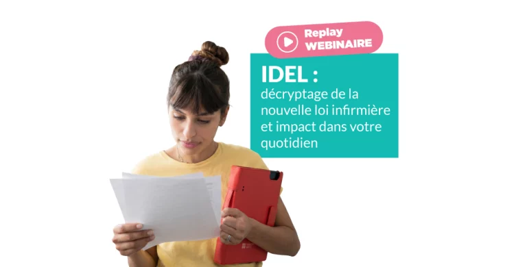 Image d'une IDEL lisant un document avec le titre du webinaire